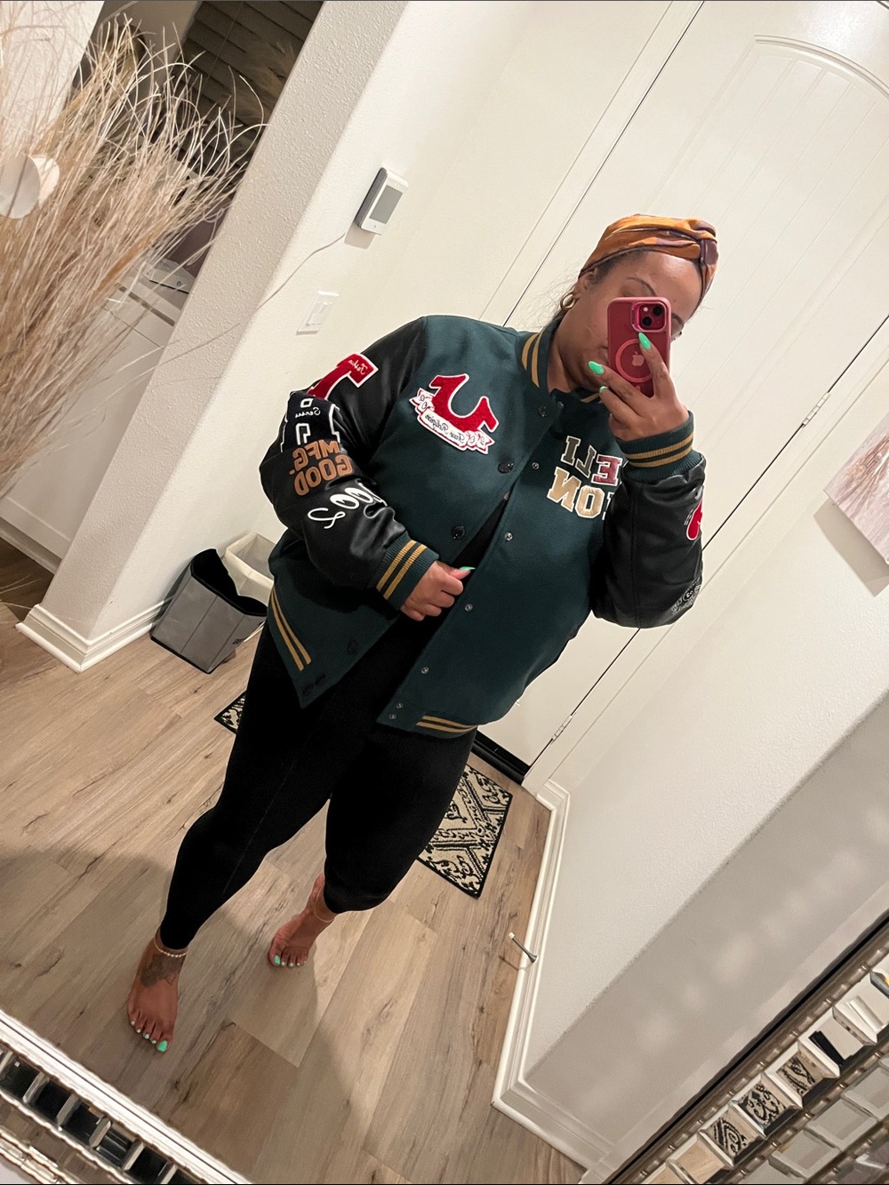 True Religion Green and Black Varsity Jacket with Patches